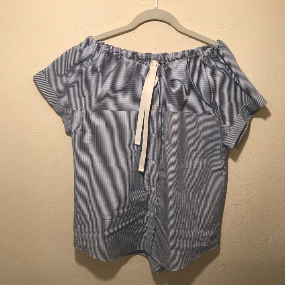 blue and white striped theory button up blouse
